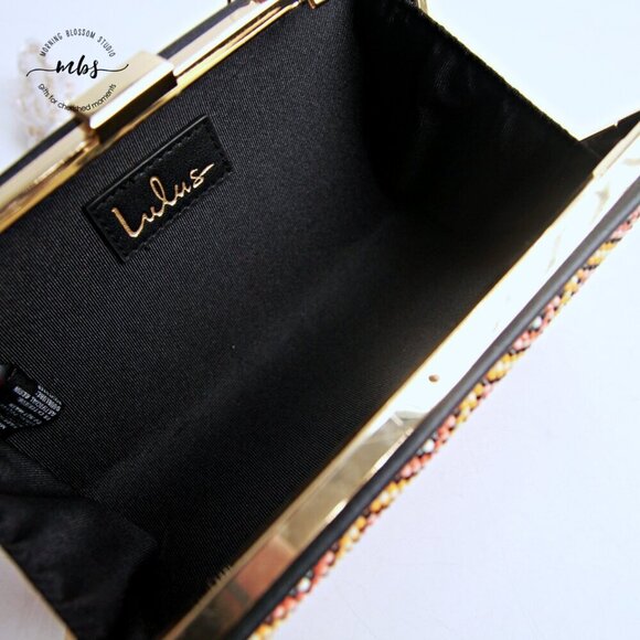 NWT Lulu\'s Beaded Hard Case Clutch Multicolor Orange with Removable Golden Chain